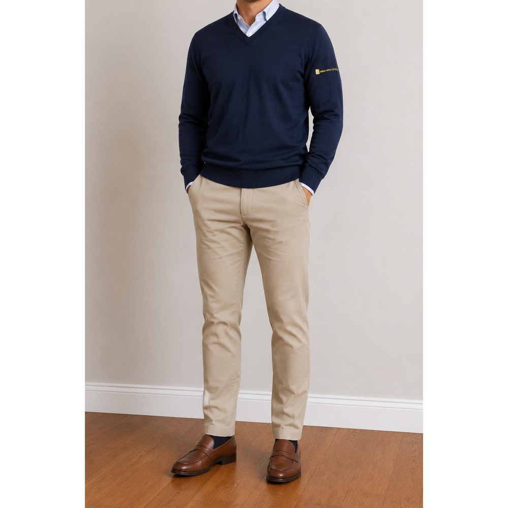 Peter Millar‎ Autumn Crest Merino Wool V Neck Sweater Men Large Navy Blue Logo